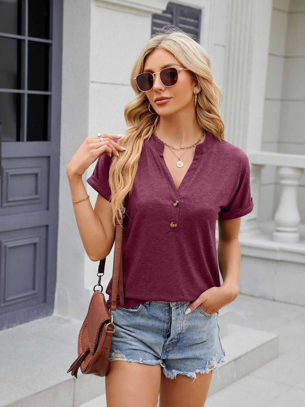 Florira Notched Short Sleeve T-Shirt