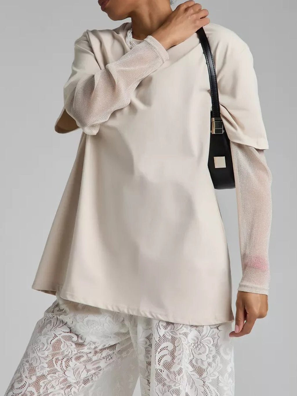 Faux Layered Round Neck Mesh Sleeve Top