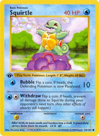 Squirtle 063/102 - Base Set Shadowless 1st Edition