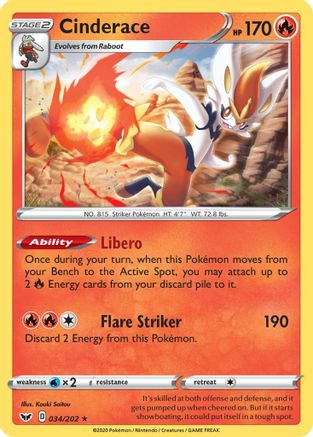 Cinderace () 034/202 - SWSH01 Sword & Shield Base Set Reverse Holofoil