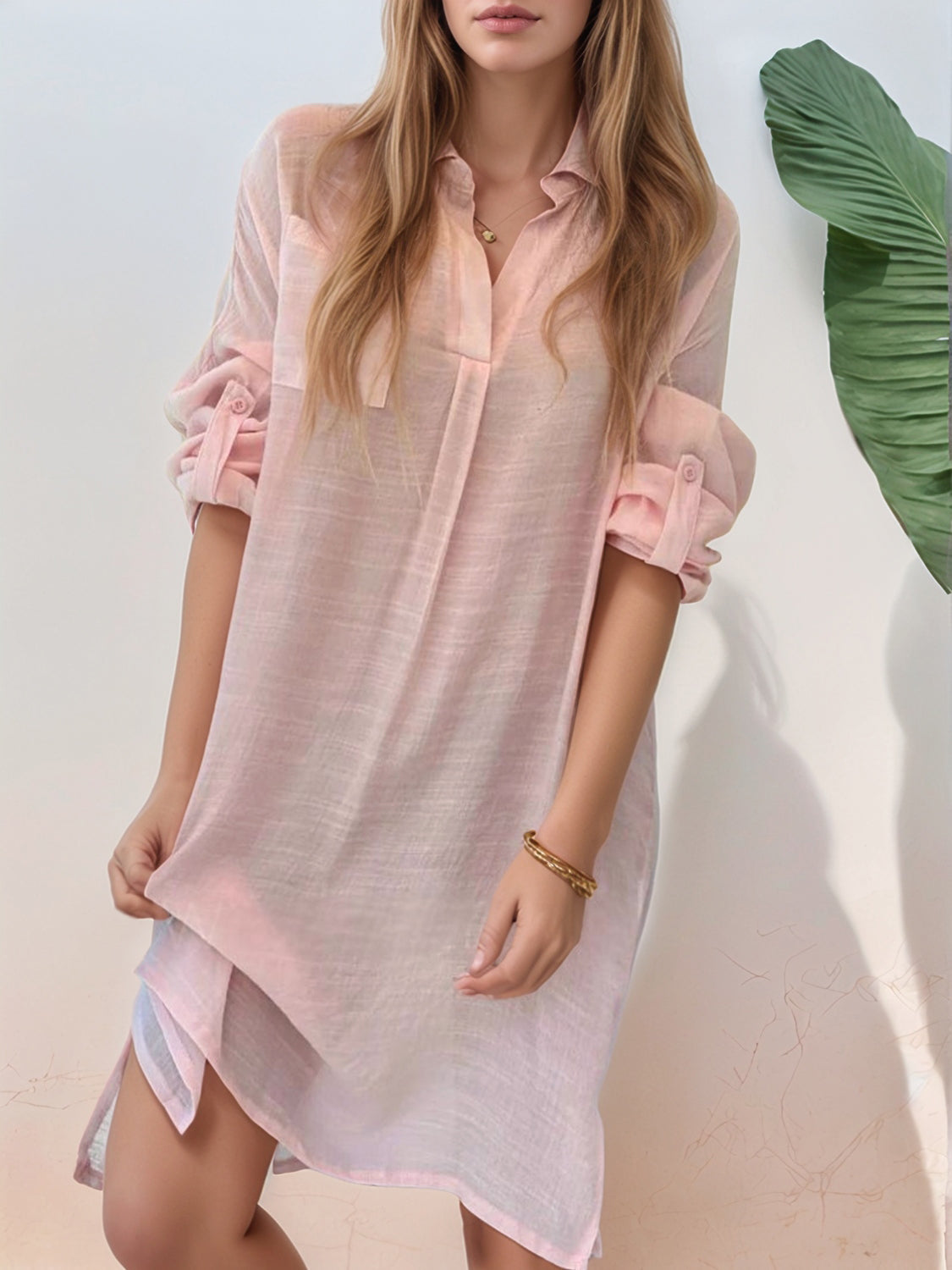 Full Size Side Slit Roll-Tab Sleeve Mini Shirt Dress Plus Size