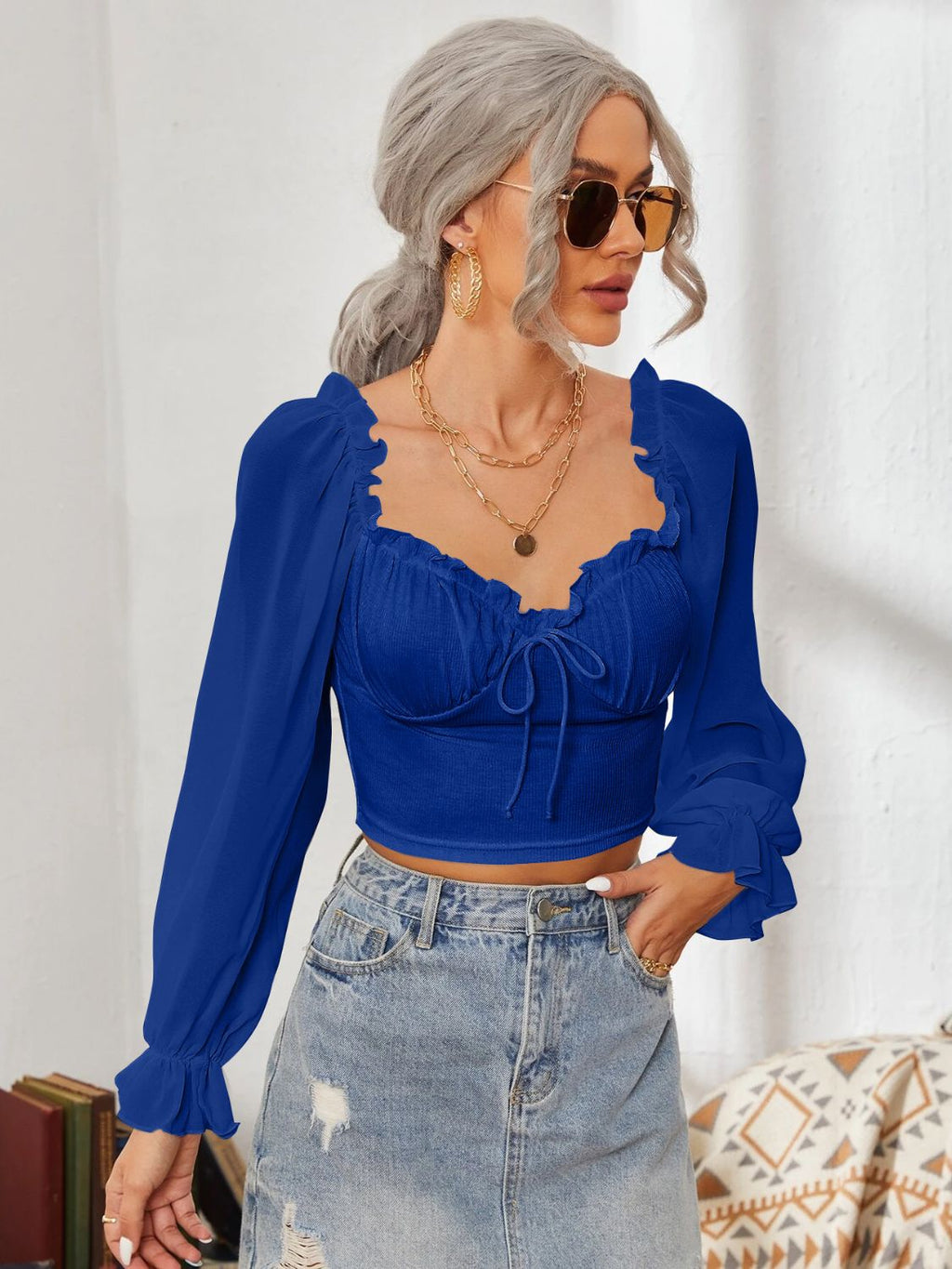 Mesh Sweetheart Neck Flounce Sleeve Top