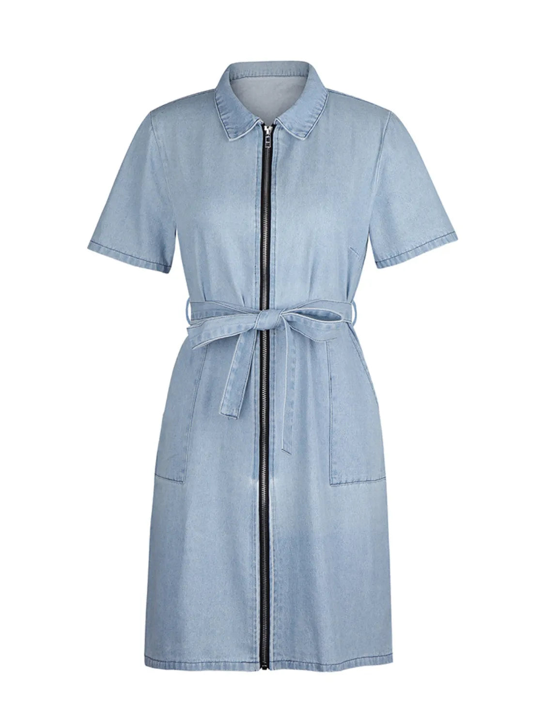 Full Size Zip Front Short Sleeve Denim Dress Plus Size