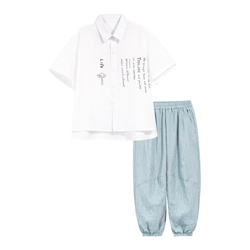 Boy's Short Sleeve Shirt Set, Casual Long Pants