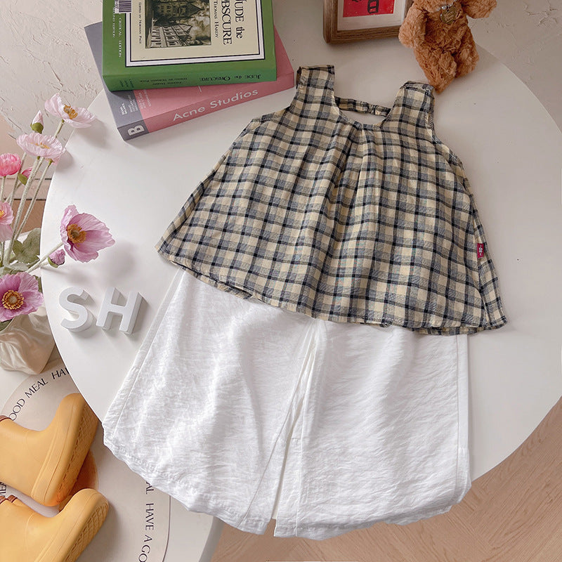 Baby girl summer outfit checkered shoulder strap two-piece set