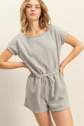 HYFVE Round Neck Short Sleeve Drawstring Waist Romper