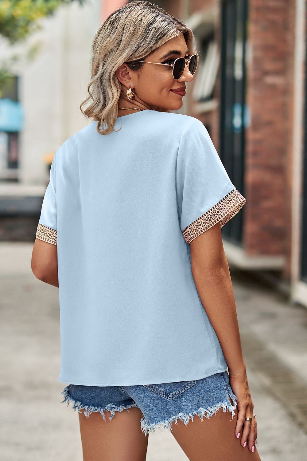 Openwork V-Neck Short Sleeve T-Shirt
