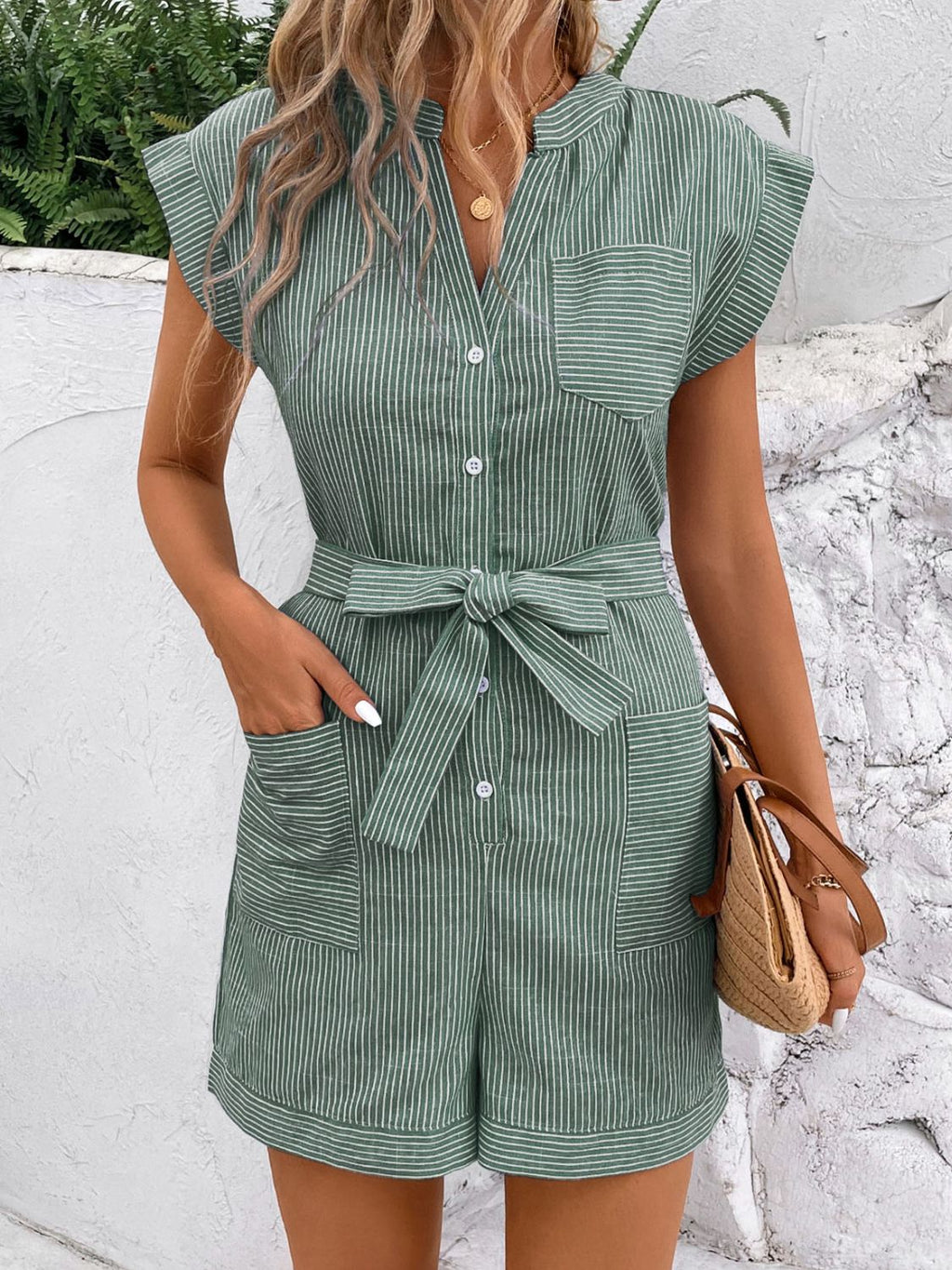 Perfee Striped Notched Tie Waist Romper