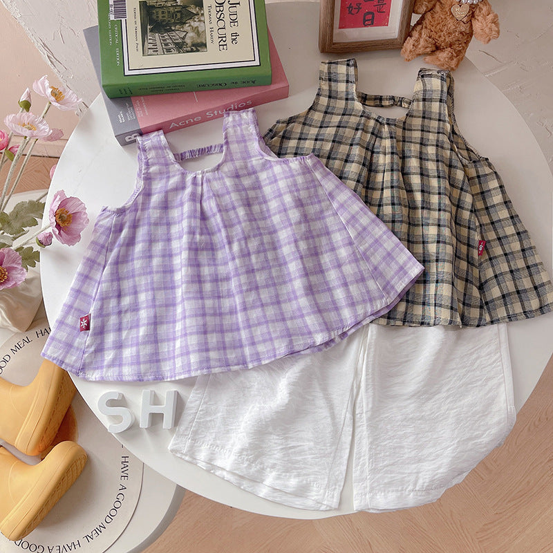 Baby girl summer outfit checkered shoulder strap two-piece set