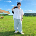 Boy's Short Sleeve Shirt Set, Casual Long Pants