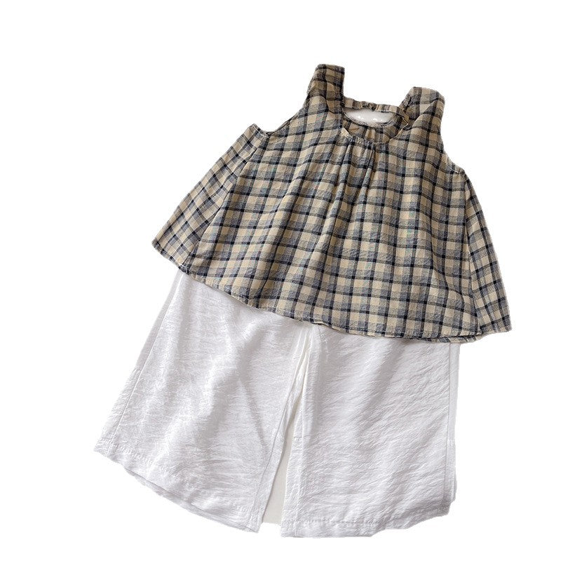 Baby girl summer outfit checkered shoulder strap two-piece set