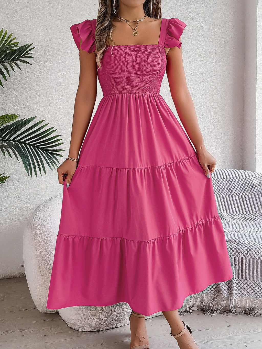Smocked Square Neck Cap Sleeve Midi Dress