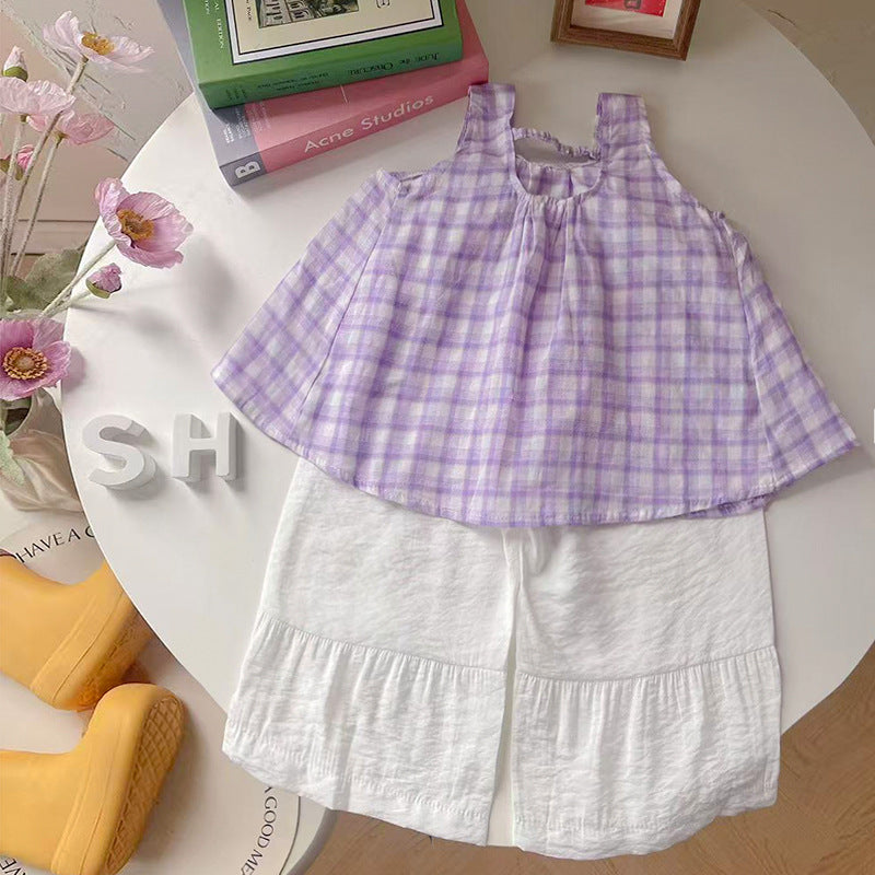 Baby girl summer outfit checkered shoulder strap two-piece set