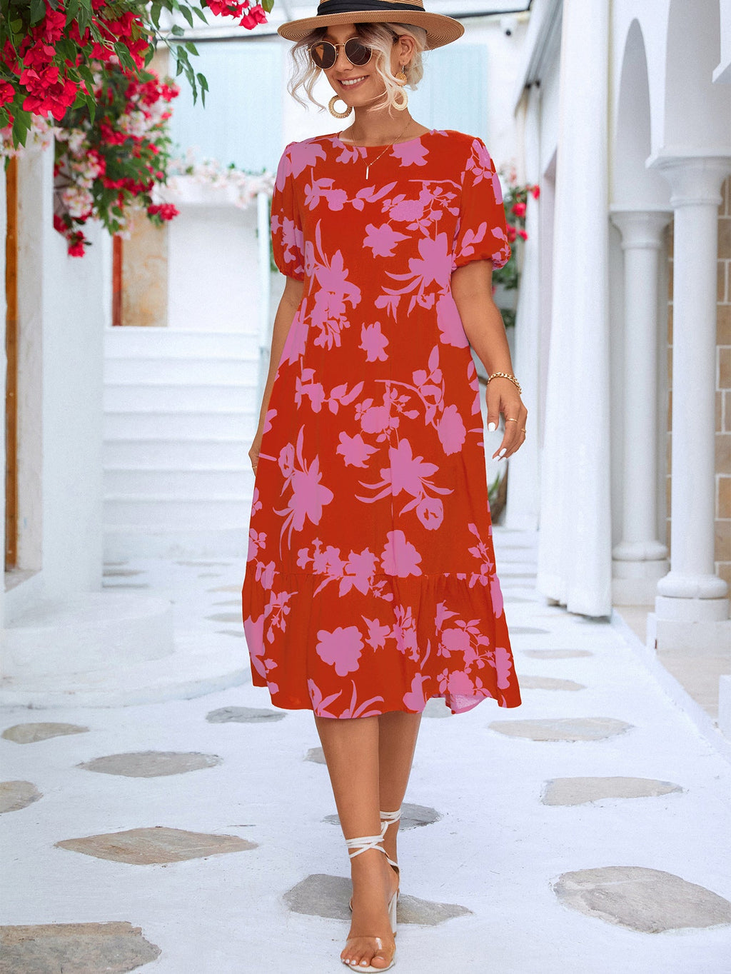 Floral Puff Sleeve Ruffle Hem Midi Dress