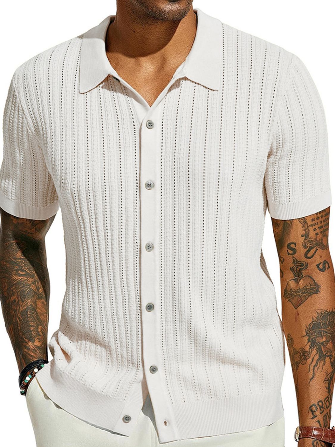 Men's Full Size Openwork Button Down Collared Neck Shirt Plus Size