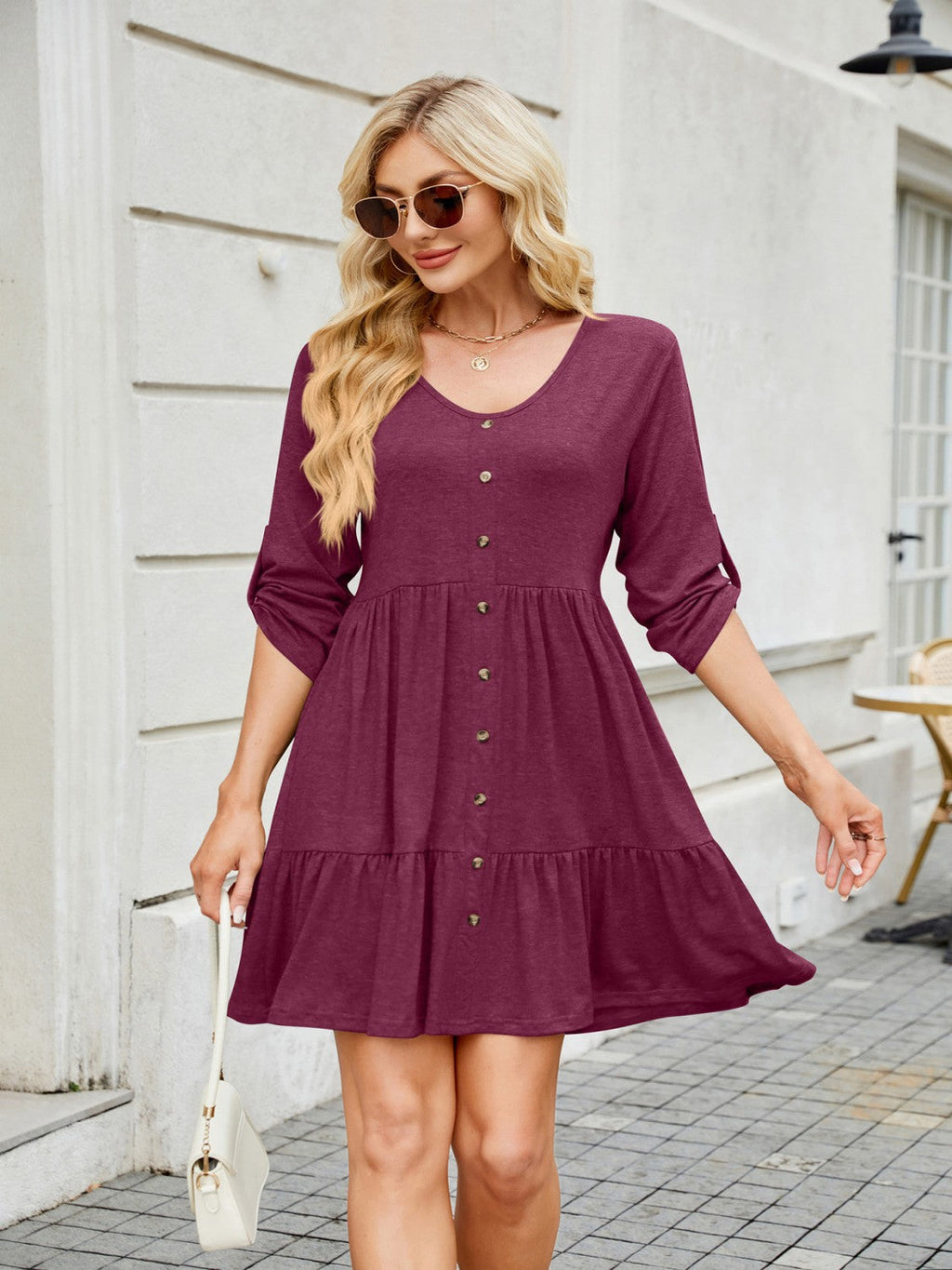 Tiered Ruched V-Neck Mini Dress