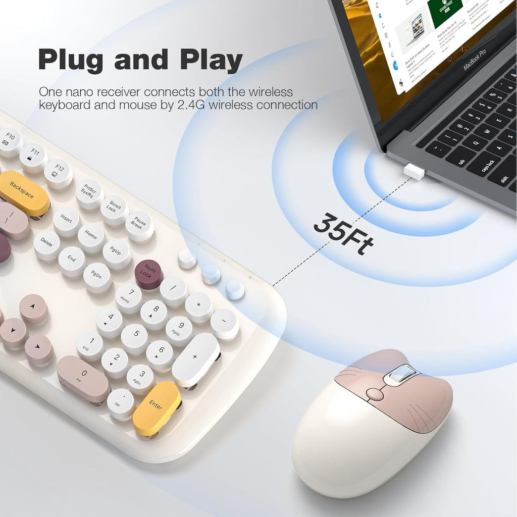 Wireless Keyboard & Mouse Combo - Silent Click, Colorful 104 Keys