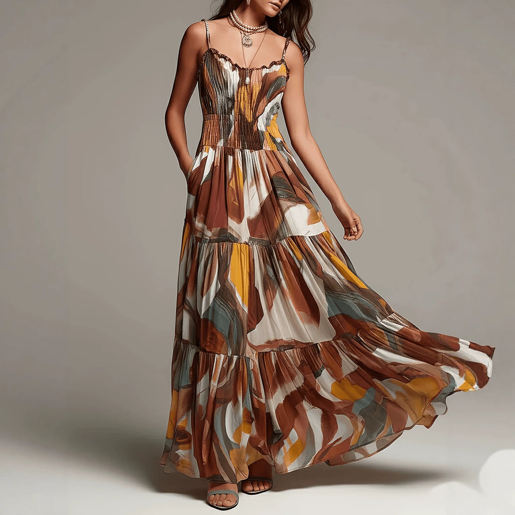 Thin shoulder strap pleated waist pocket dress