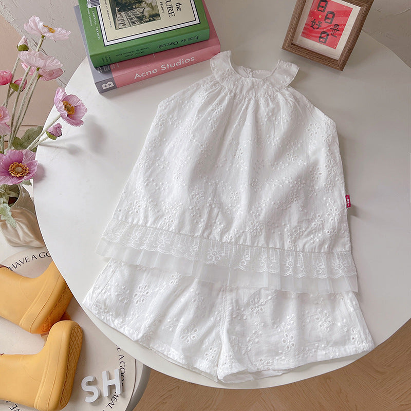 Two piece set of children's summer women's jacquard sleeveless shorts