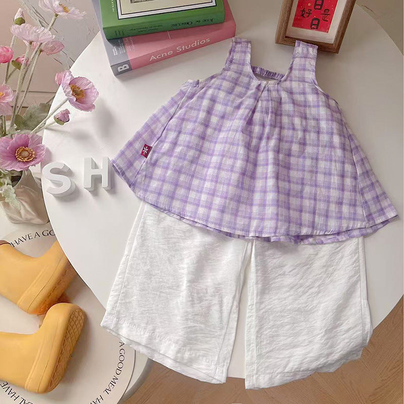 Baby girl summer outfit checkered shoulder strap two-piece set