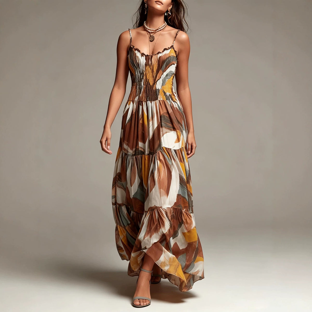 Thin shoulder strap pleated waist pocket dress