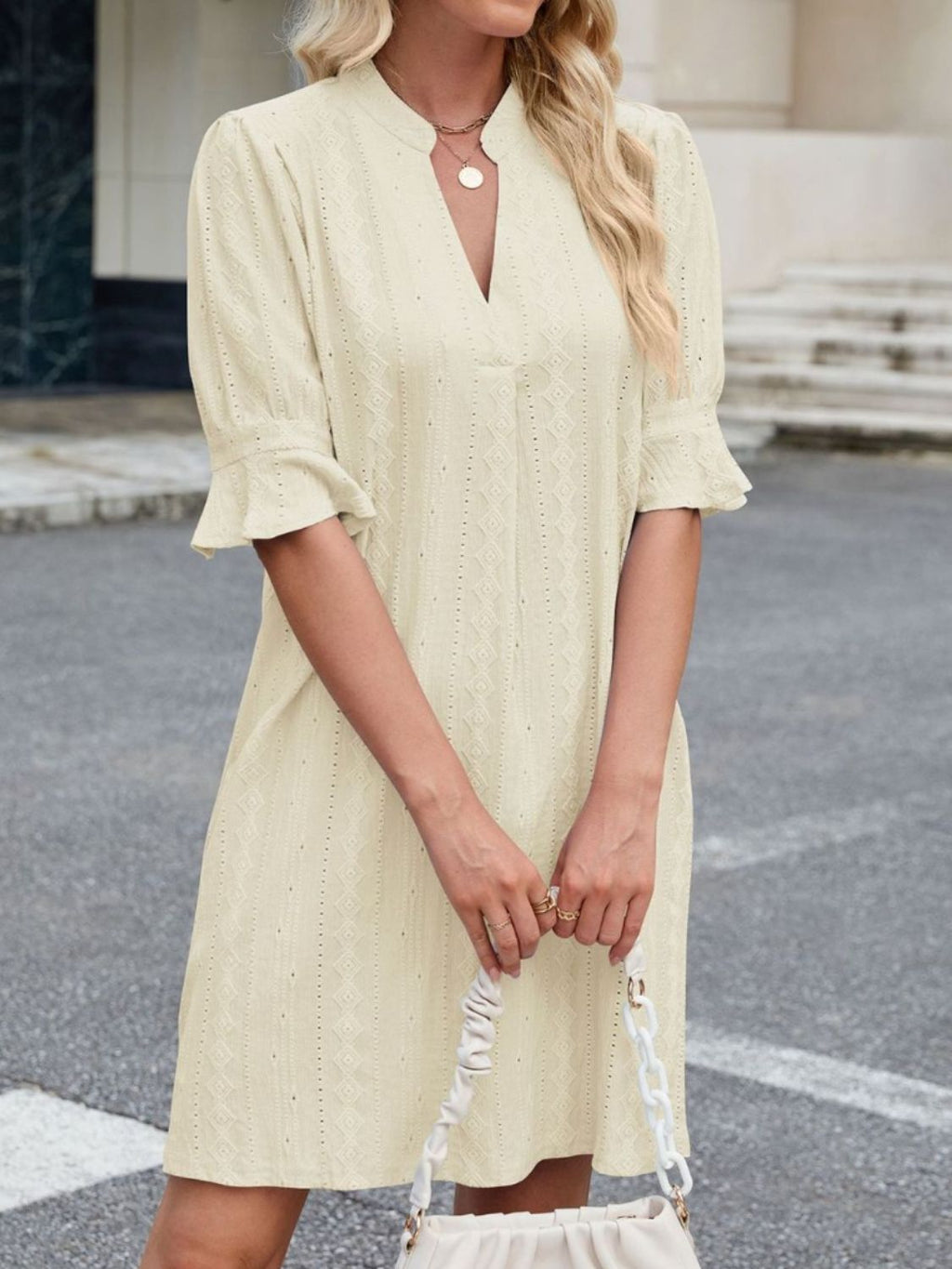 Eyelet Flounce Sleeve Mini Dress