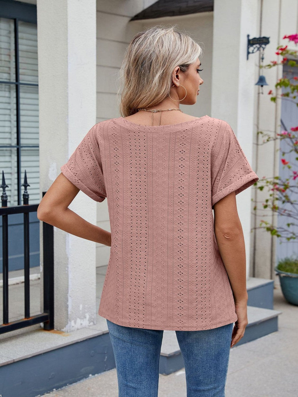 Eyelet Round Neck Short Sleeve Top