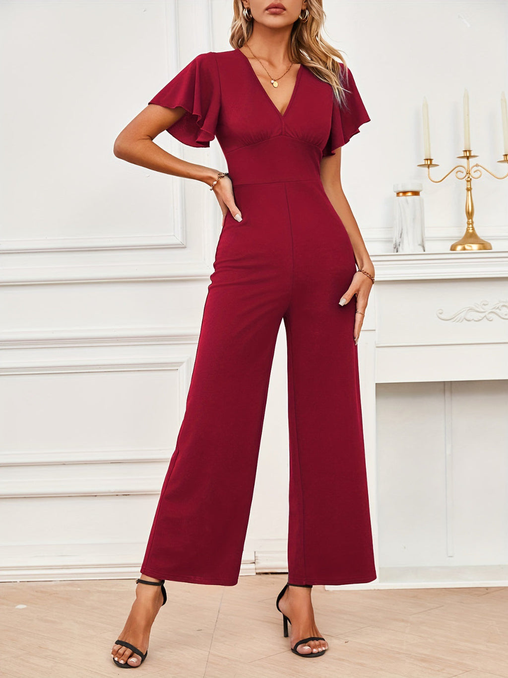 V-Neck Flutter Sleeve Jumpsuit