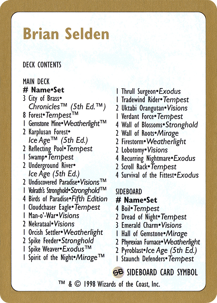Brian Selden Decklist (WCD-) - World Championship Decks 1998