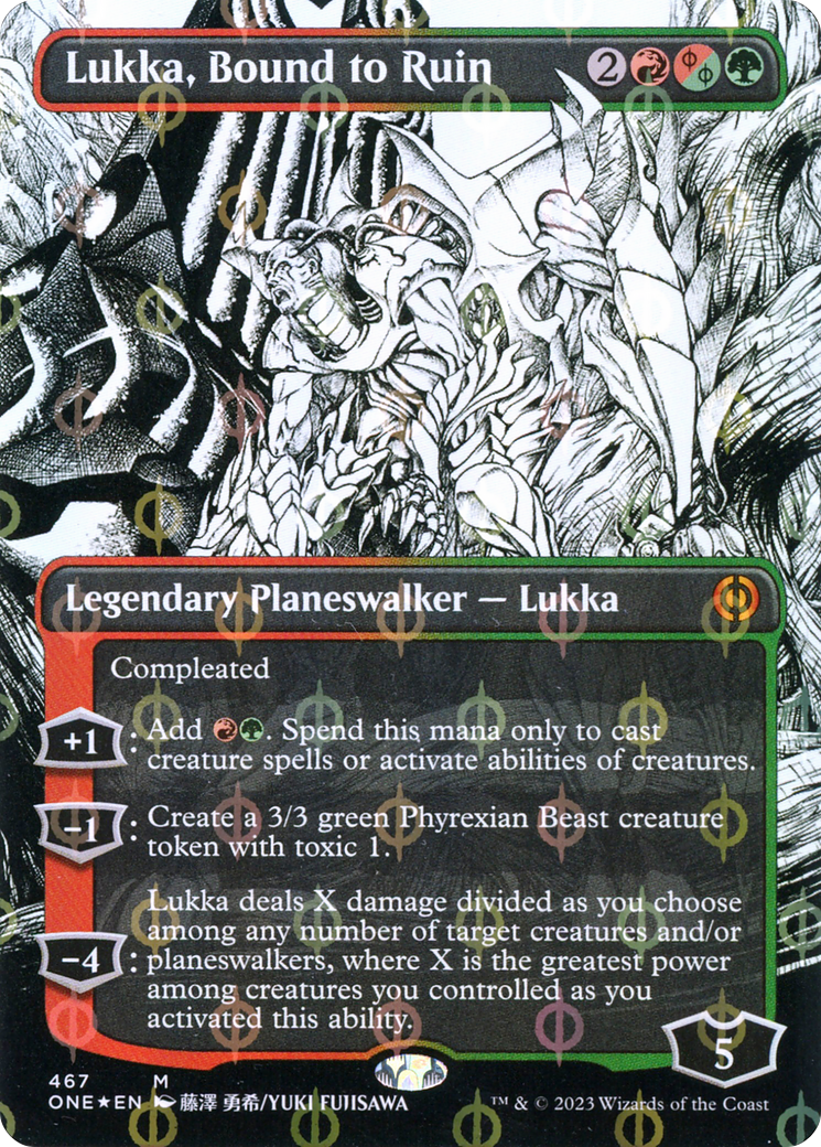 Lukka, Bound to Ruin (ONE-467) - Phyrexia: All Will Be One: (Showcase) (Borderless) Foil