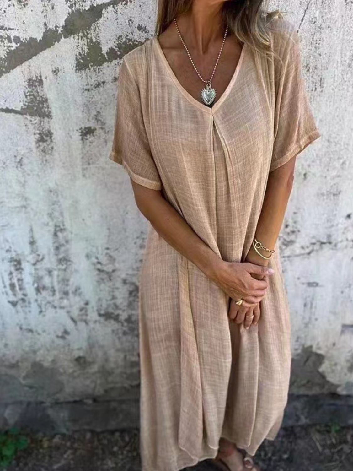 Full Size V-Neck Short Sleeve Midi Dress Plus Size