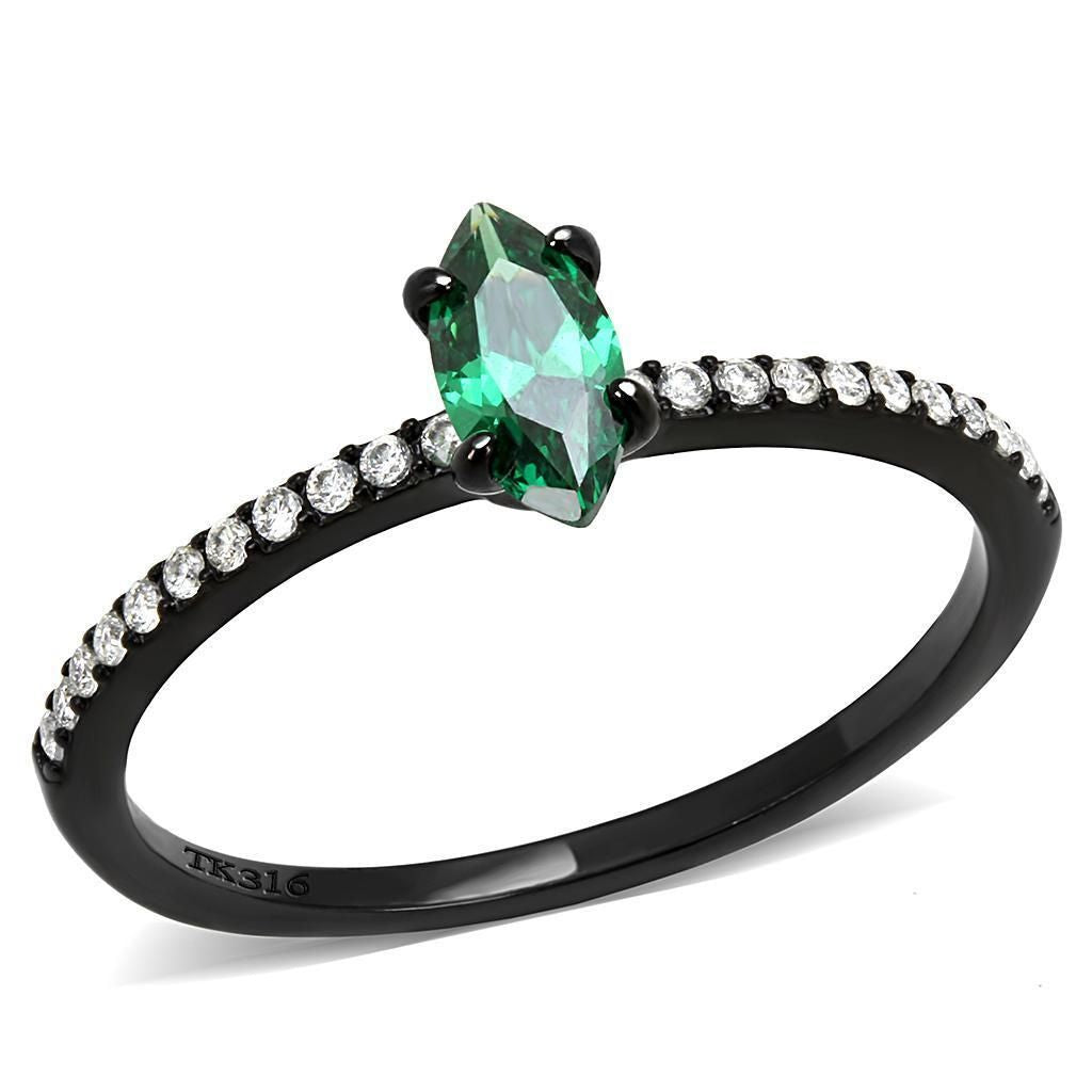 DA033 - IP Black(Ion Plating) Stainless Steel Ring with AAA Grade CZ in Emerald
