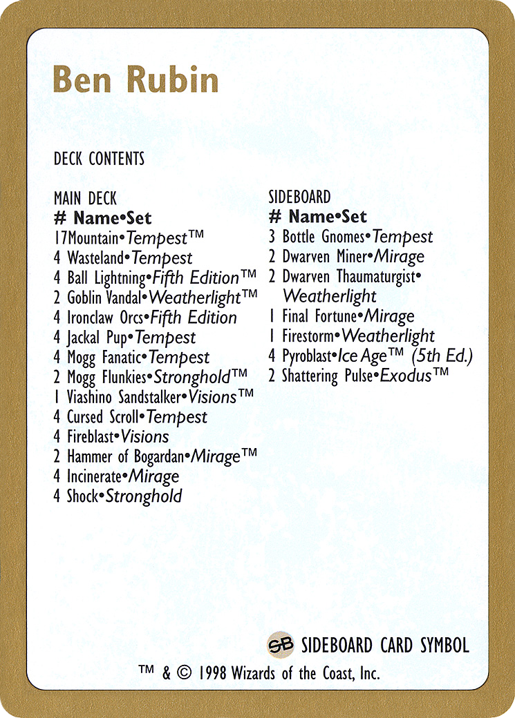 Ben Rubin Decklist (WCD-) - World Championship Decks 1998