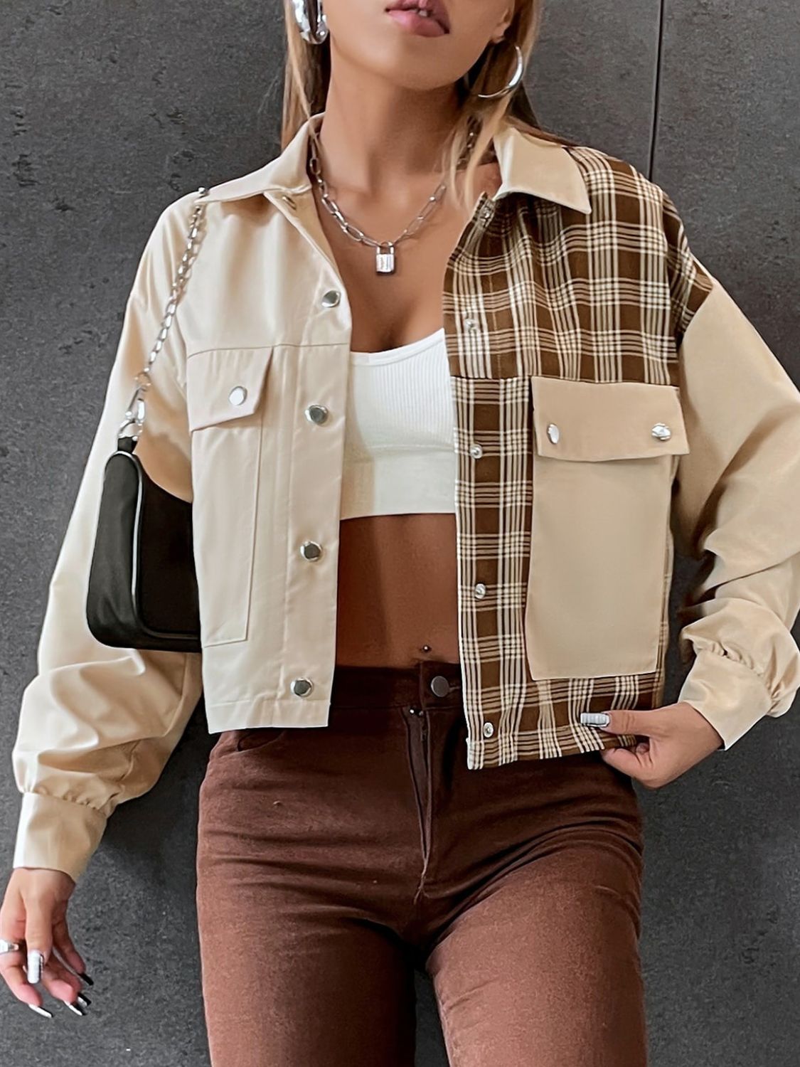 Snap Down Color Block Plaid Jacket